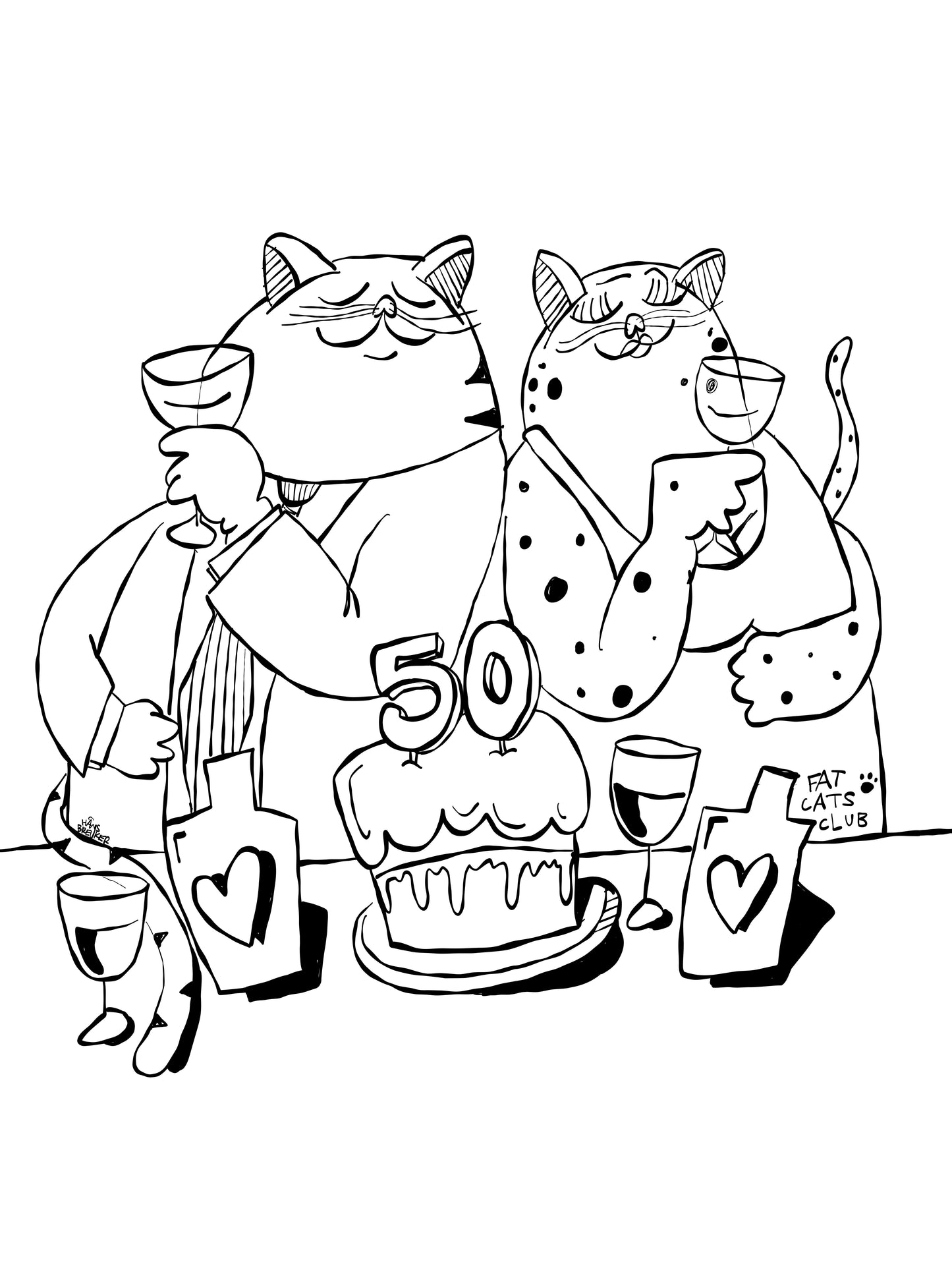 50 jaar jubileum huwelijkscadeau lijntekening katten met taart en wijn