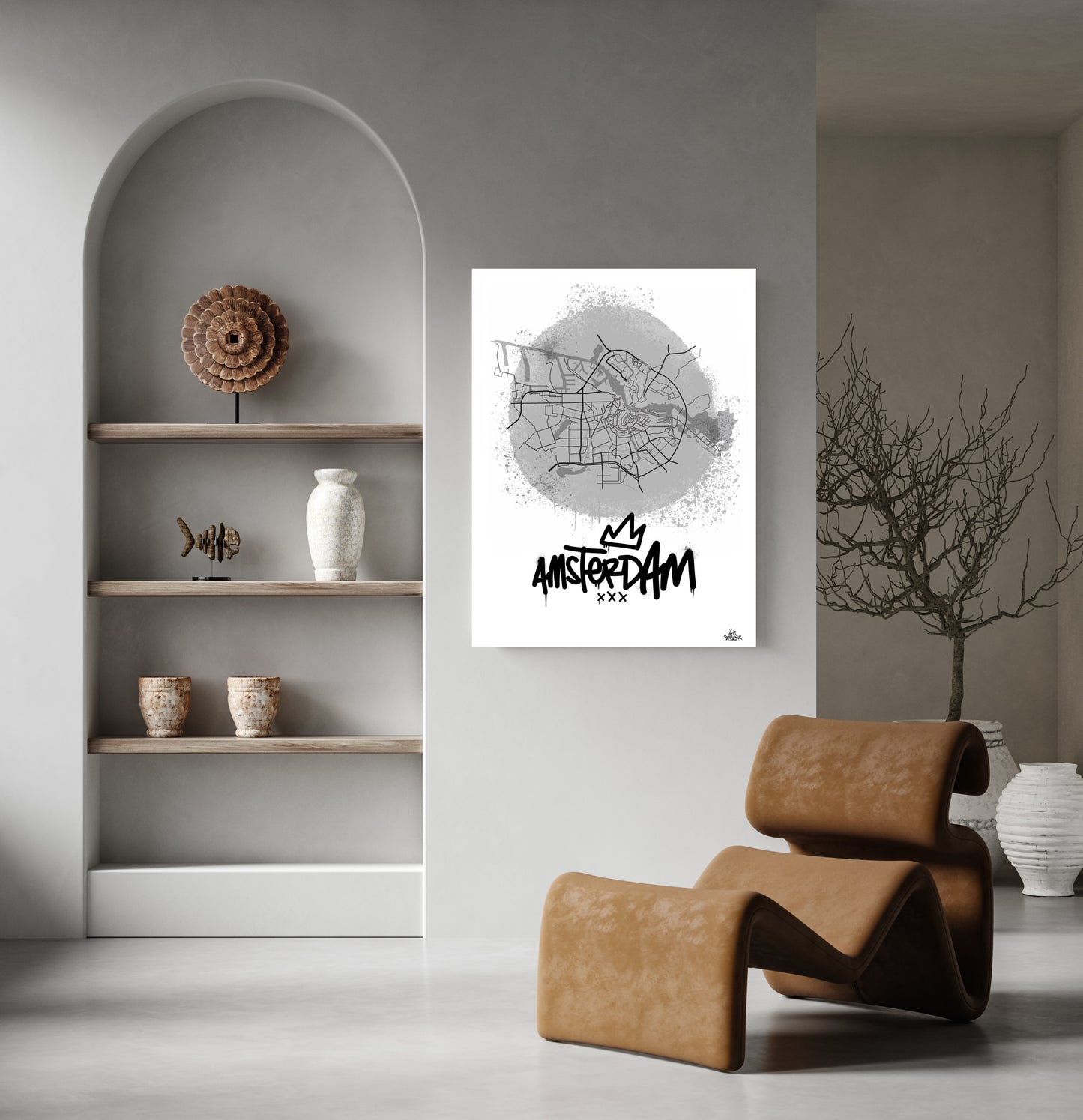 Stadsplattegrond Amsterdam streetart. Poster, lijst, canvas lijst, illustratie Hans Breuker