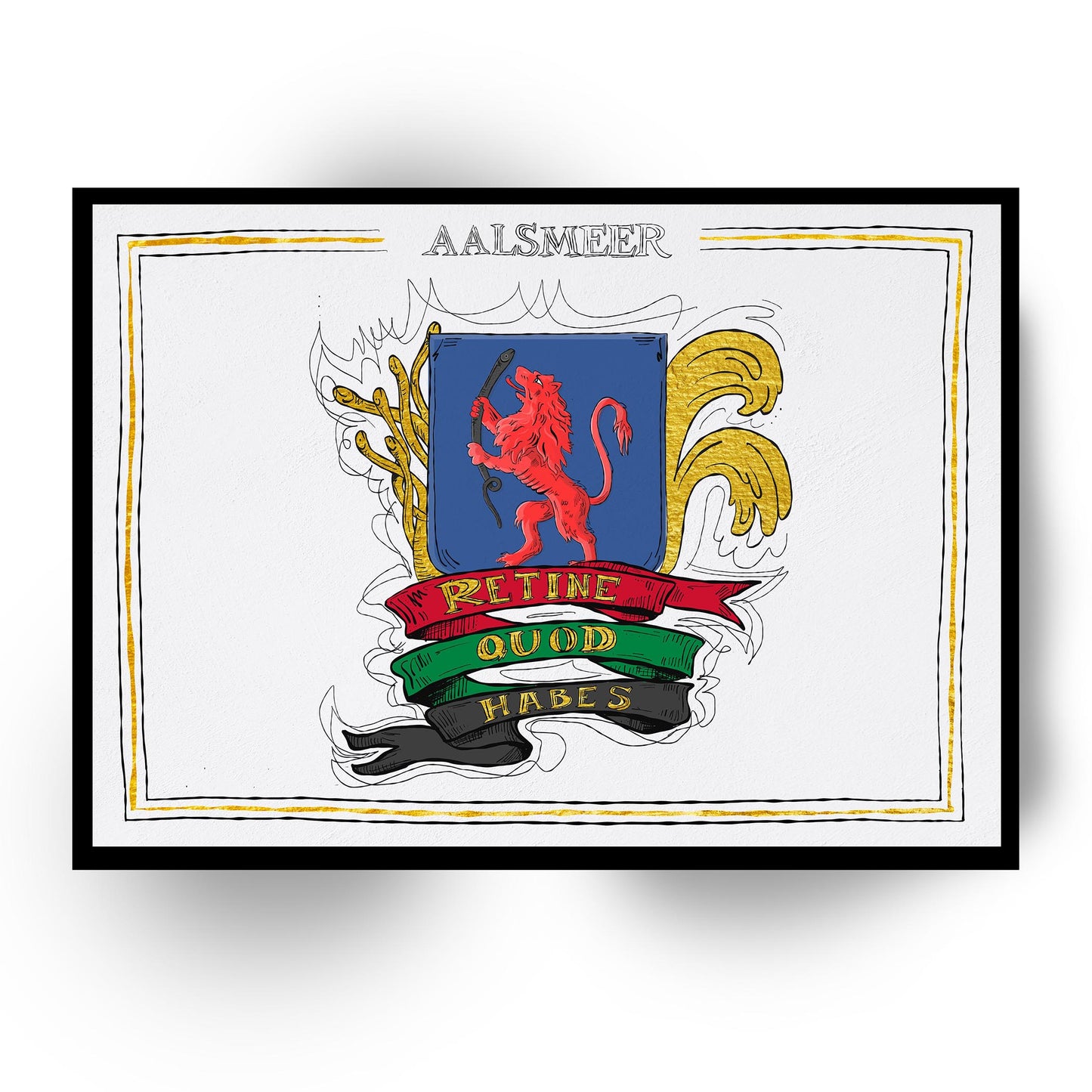 Wapen van Aalsmeer, Liggend stadswapen Aalsmeer poster, lijst, canvas lijst, plexiglas, illustratie Hans Breuker