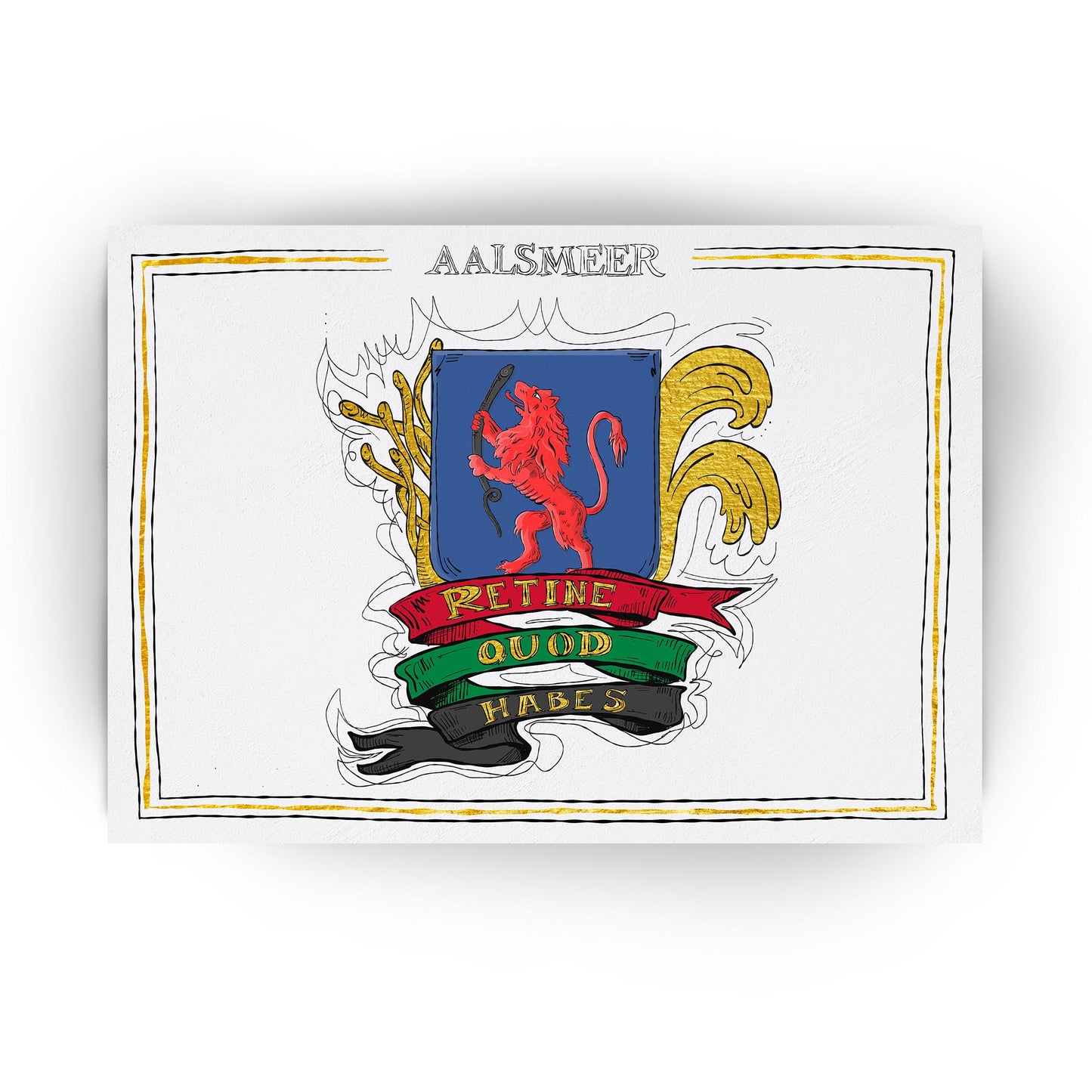 Wapen van Aalsmeer, Liggend stadswapen Aalsmeer poster, lijst, canvas lijst, plexiglas, illustratie Hans Breuker