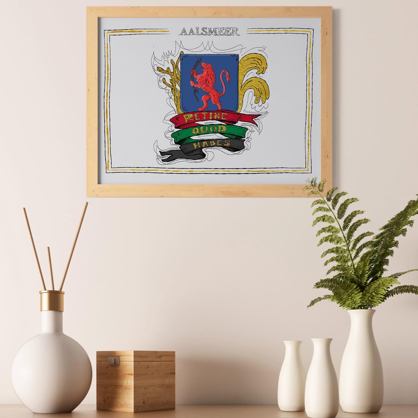 Wapen van Aalsmeer, Liggend stadswapen Aalsmeer poster, lijst, canvas lijst, plexiglas, illustratie Hans Breuker