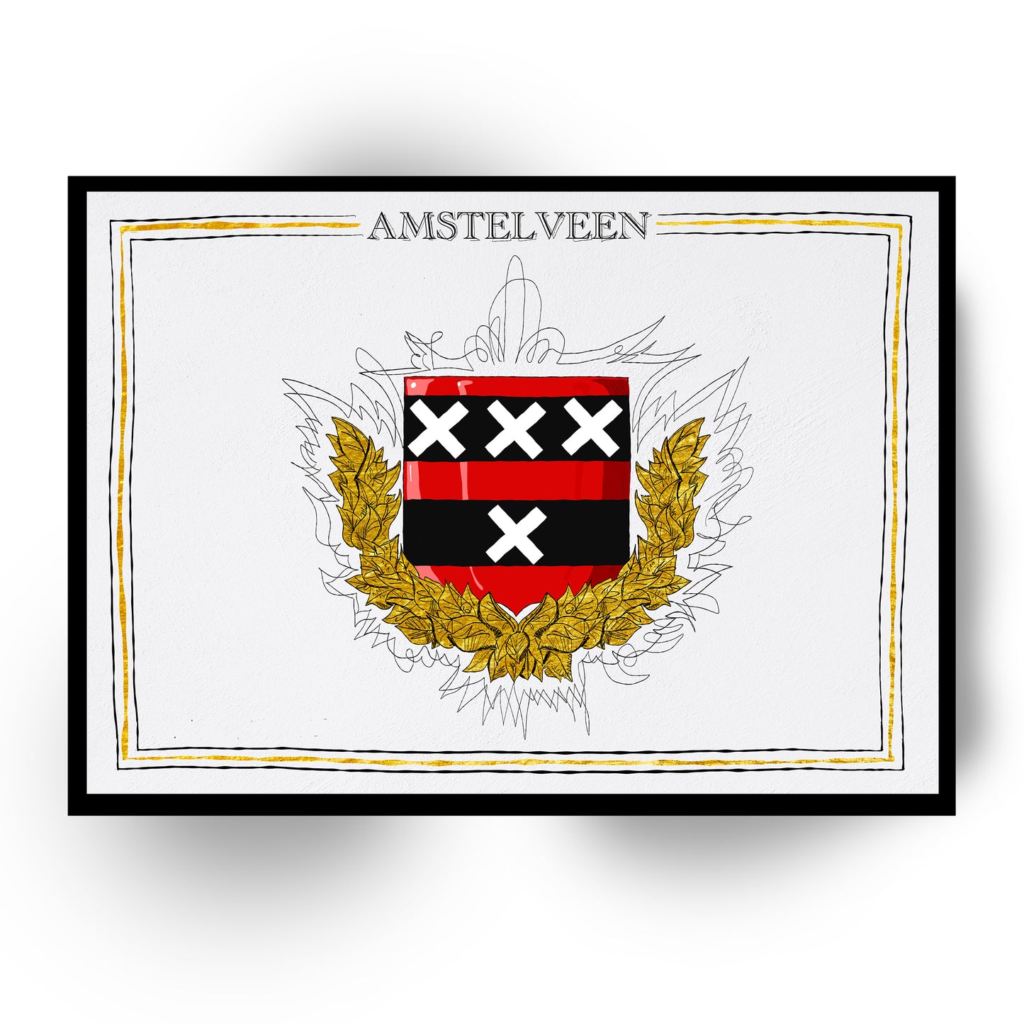 Wapen van Amstelveen, Liggend stadswapen Amstelveen poster, lijst, canvas lijst, plexiglas, illustratie Hans Breuker
