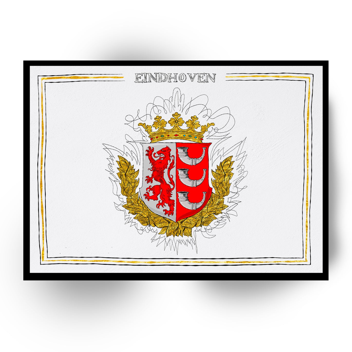 Wapen van Eindhoven, Liggend stadswapen Eindhoven poster, lijst, canvas lijst, plexiglas, illustratie Hans Breuker