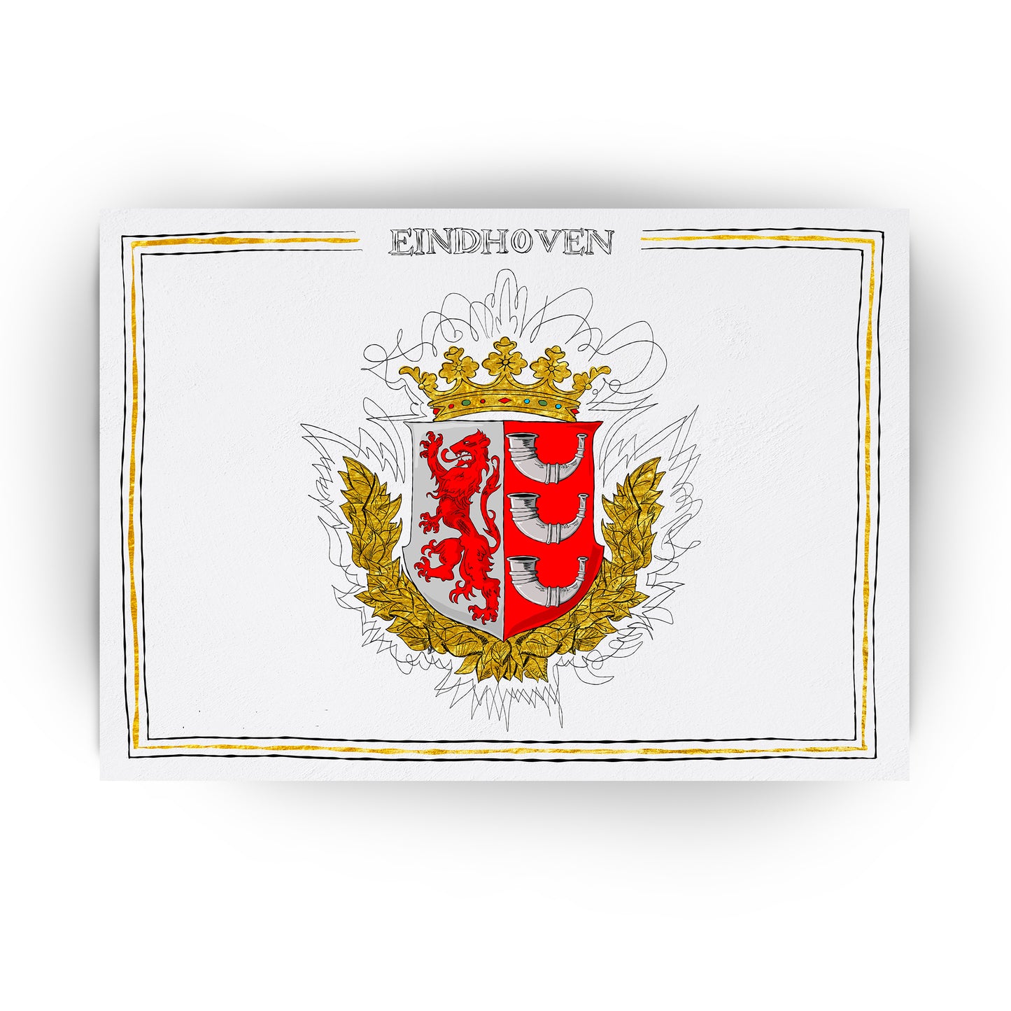 Wapen van Eindhoven, Liggend stadswapen Eindhoven poster, lijst, canvas lijst, plexiglas, illustratie Hans Breuker