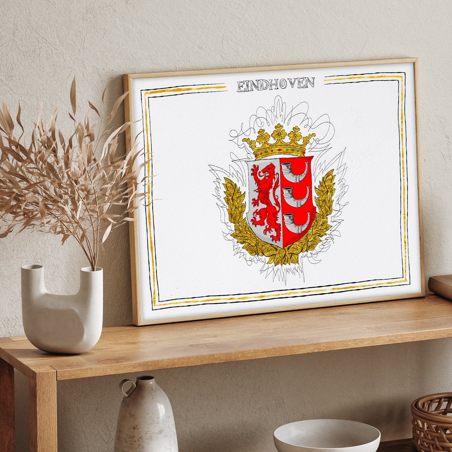 Wapen van Eindhoven, Liggend stadswapen Eindhoven poster, lijst, canvas lijst, plexiglas, illustratie Hans Breuker