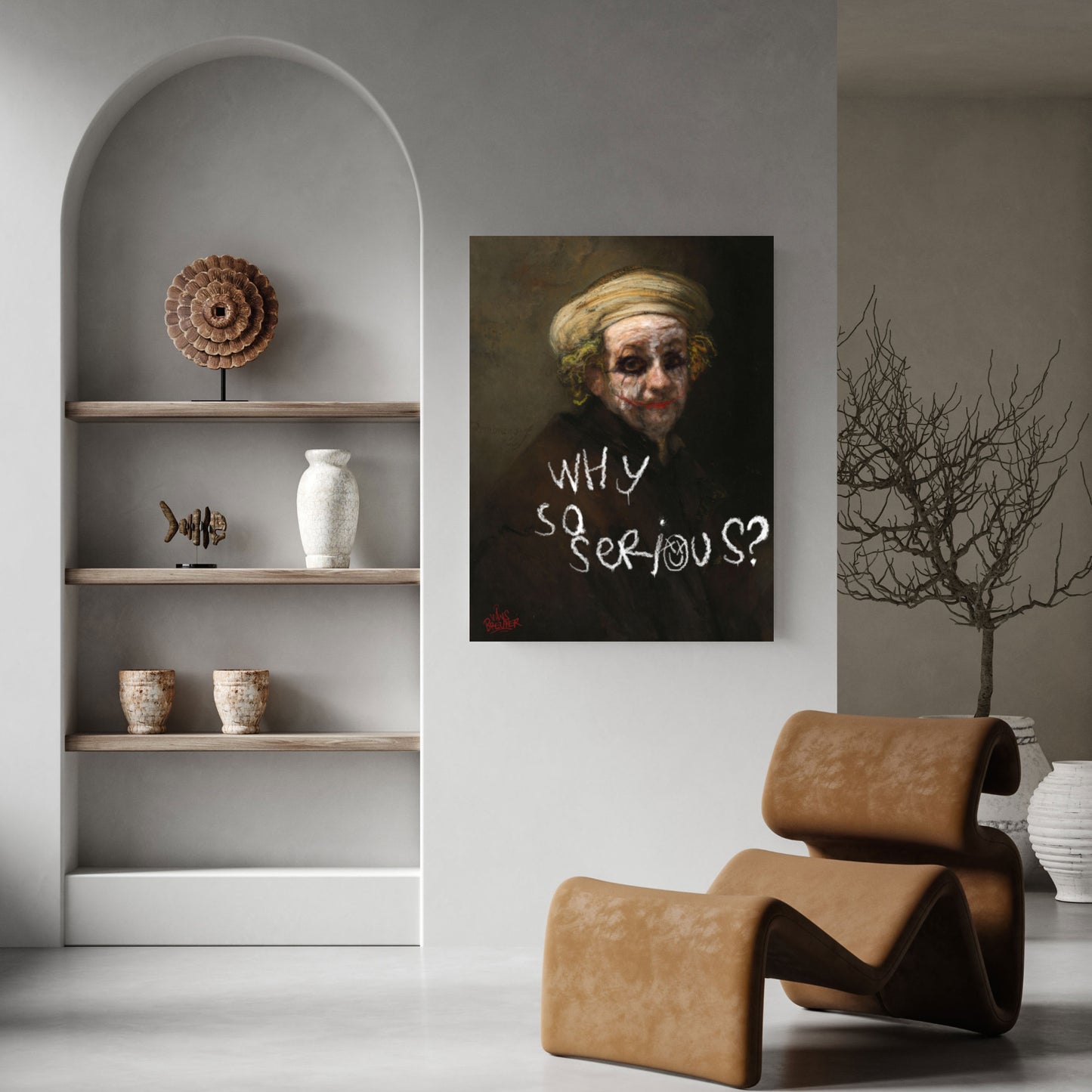 Why so serious Rembrandt is een opvallend popart kunstwerk van Hans Breuker, waarin hij het zelfportret van Rembrandt omvormt tot de Joker van Batman, bekend van Heath Ledger's legendarische vertolking. Breuker vermengt me