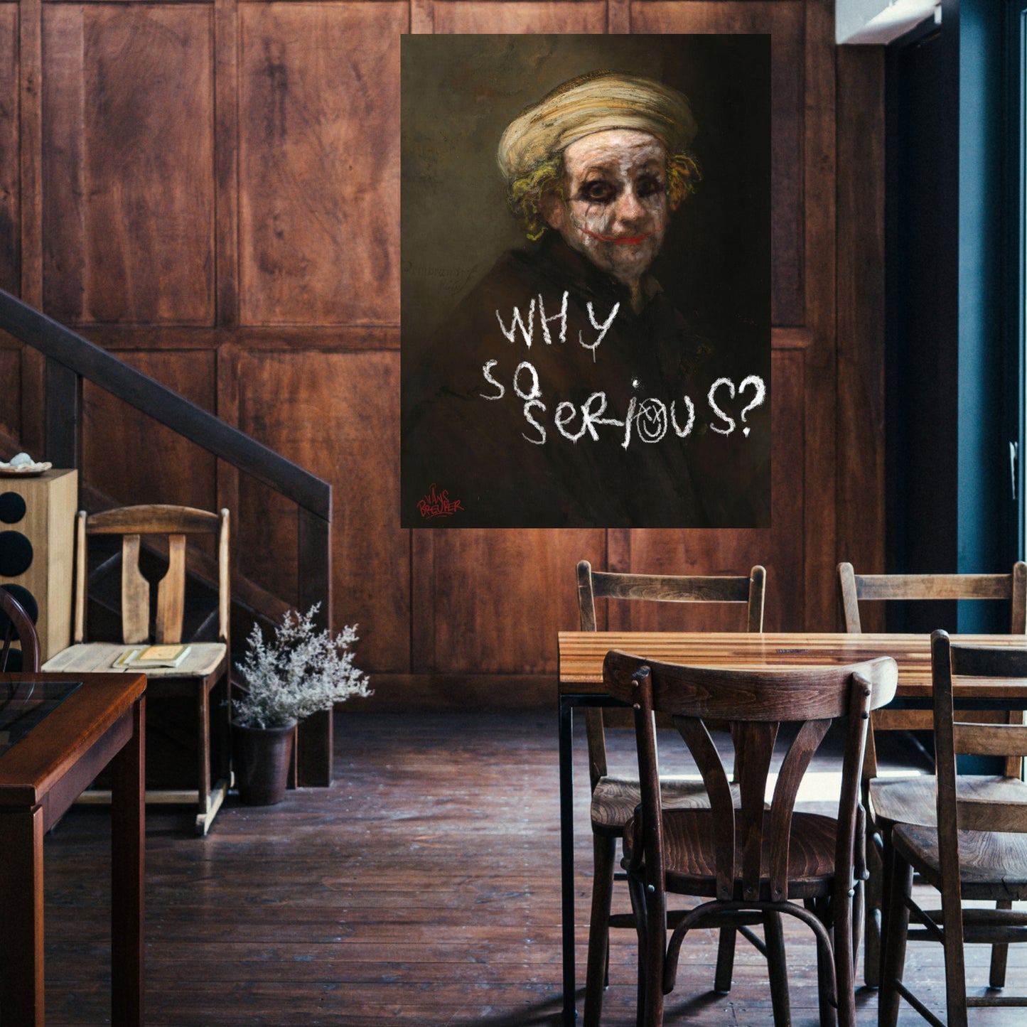 Why so serious Rembrandt is een opvallend popart kunstwerk van Hans Breuker, waarin hij het zelfportret van Rembrandt omvormt tot de Joker van Batman, bekend van Heath Ledger's legendarische vertolking. Breuker vermengt me