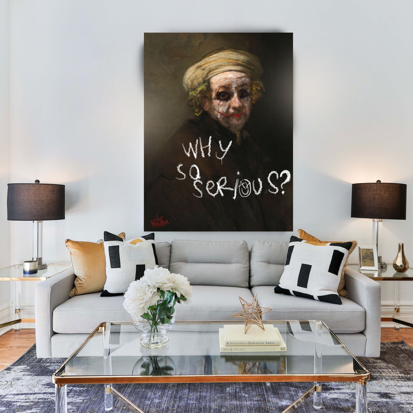Why so serious Rembrandt is een opvallend popart kunstwerk van Hans Breuker, waarin hij het zelfportret van Rembrandt omvormt tot de Joker van Batman, bekend van Heath Ledger's legendarische vertolking. Breuker vermengt me