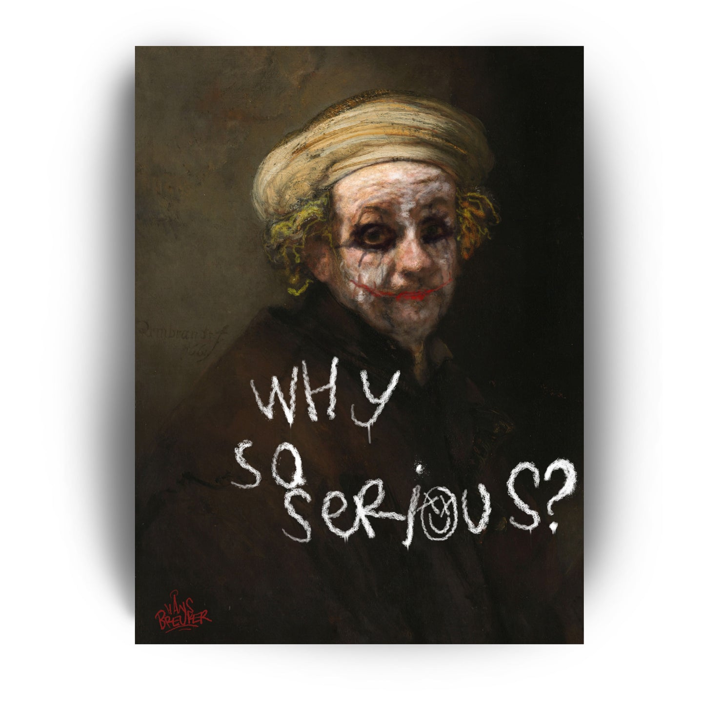 Why so serious Rembrandt is een opvallend popart kunstwerk van Hans Breuker, waarin hij het zelfportret van Rembrandt omvormt tot de Joker van Batman, bekend van Heath Ledger's legendarische vertolking. Breuker vermengt me
