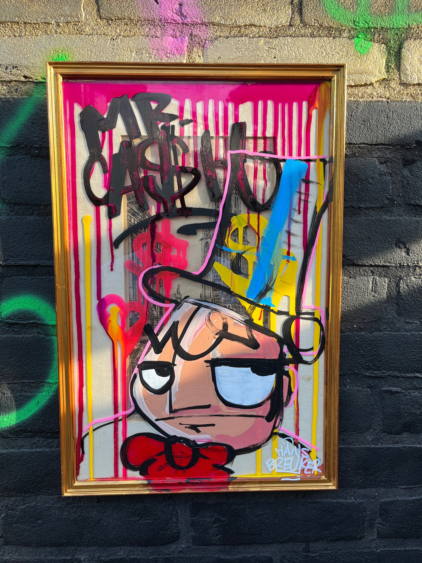 Westertoren Mr. CA$H 30 x 45 cm. op houten gouden lijst