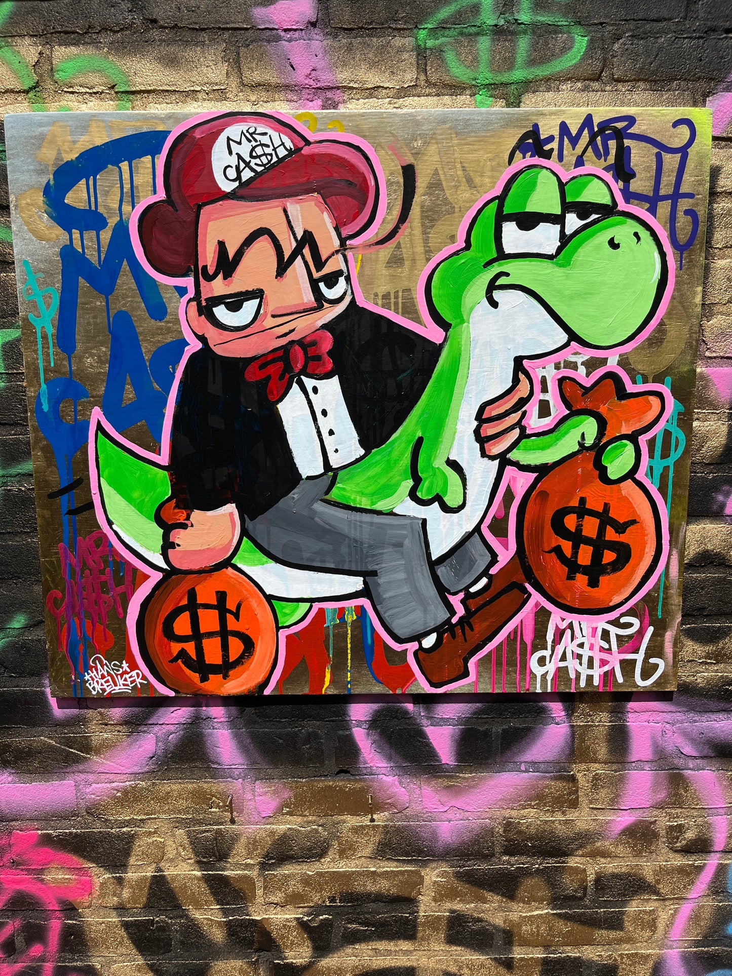 YO$HI BAGS, Mr. CA$H. 70 x 80 cm houten plaat