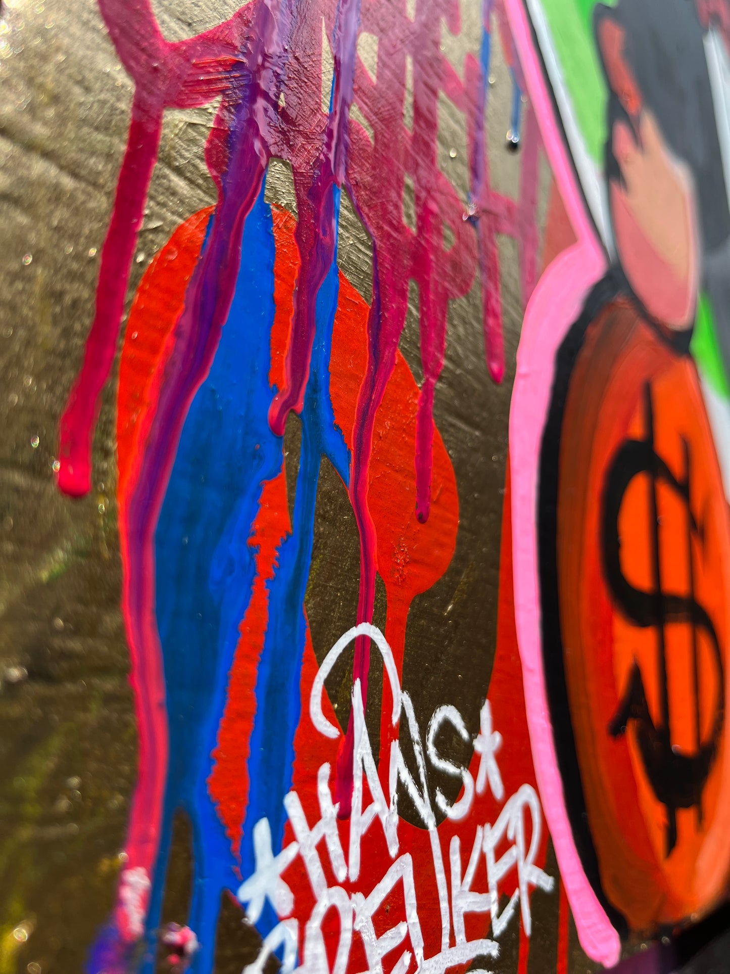 YO$HI BAGS, Mr. CA$H. 70 x 80 cm houten plaat