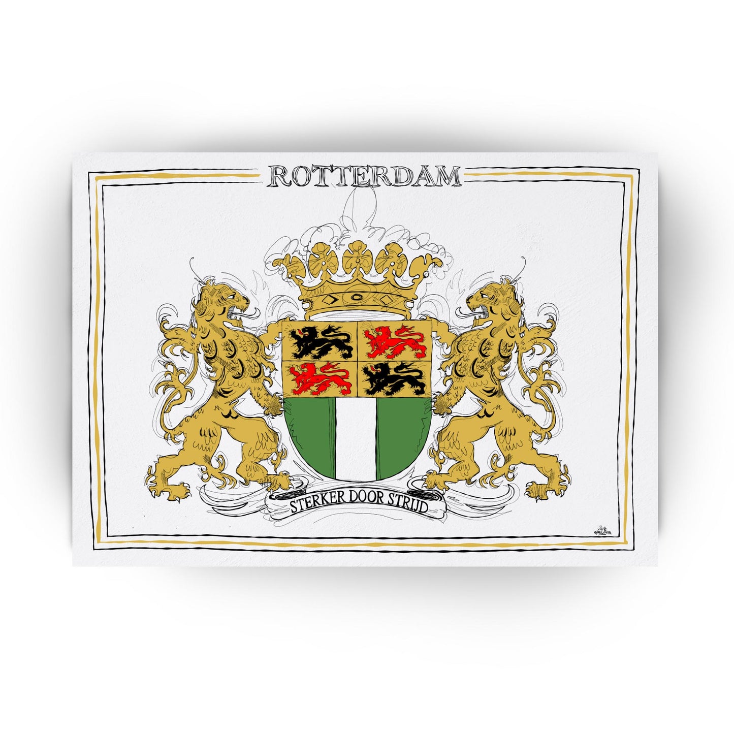 Wapen van Rotterdam, Liggend stadswapen Rotterdam poster, lijst, canvas lijst, illustratie Hans Breuker