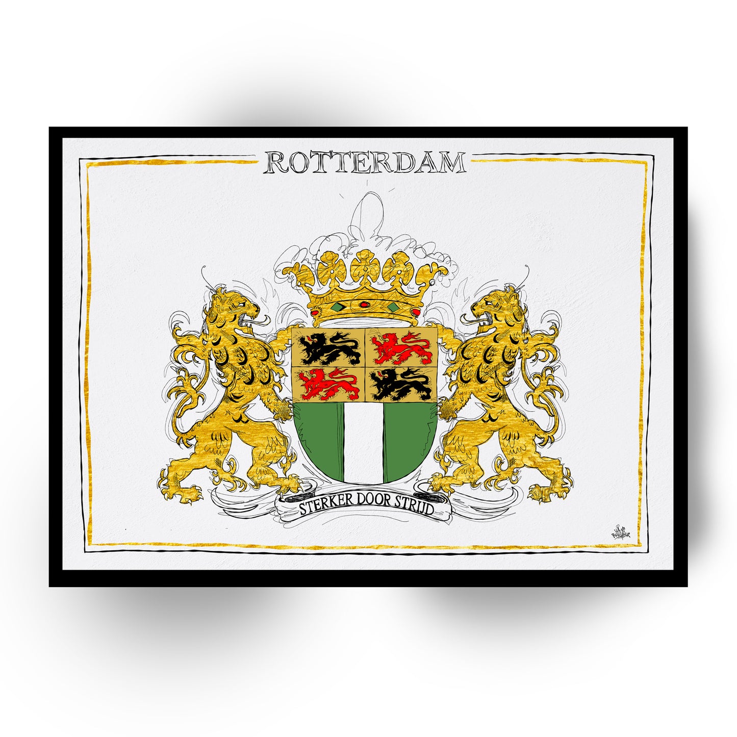 Wapen van Rotterdam, Liggend stadswapen Rotterdam poster, lijst, canvas lijst, illustratie Hans Breuker