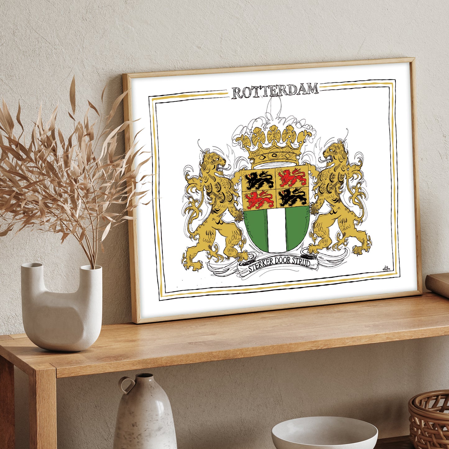 Wapen van Rotterdam, Liggend stadswapen Rotterdam poster, lijst, canvas lijst, illustratie Hans Breuker