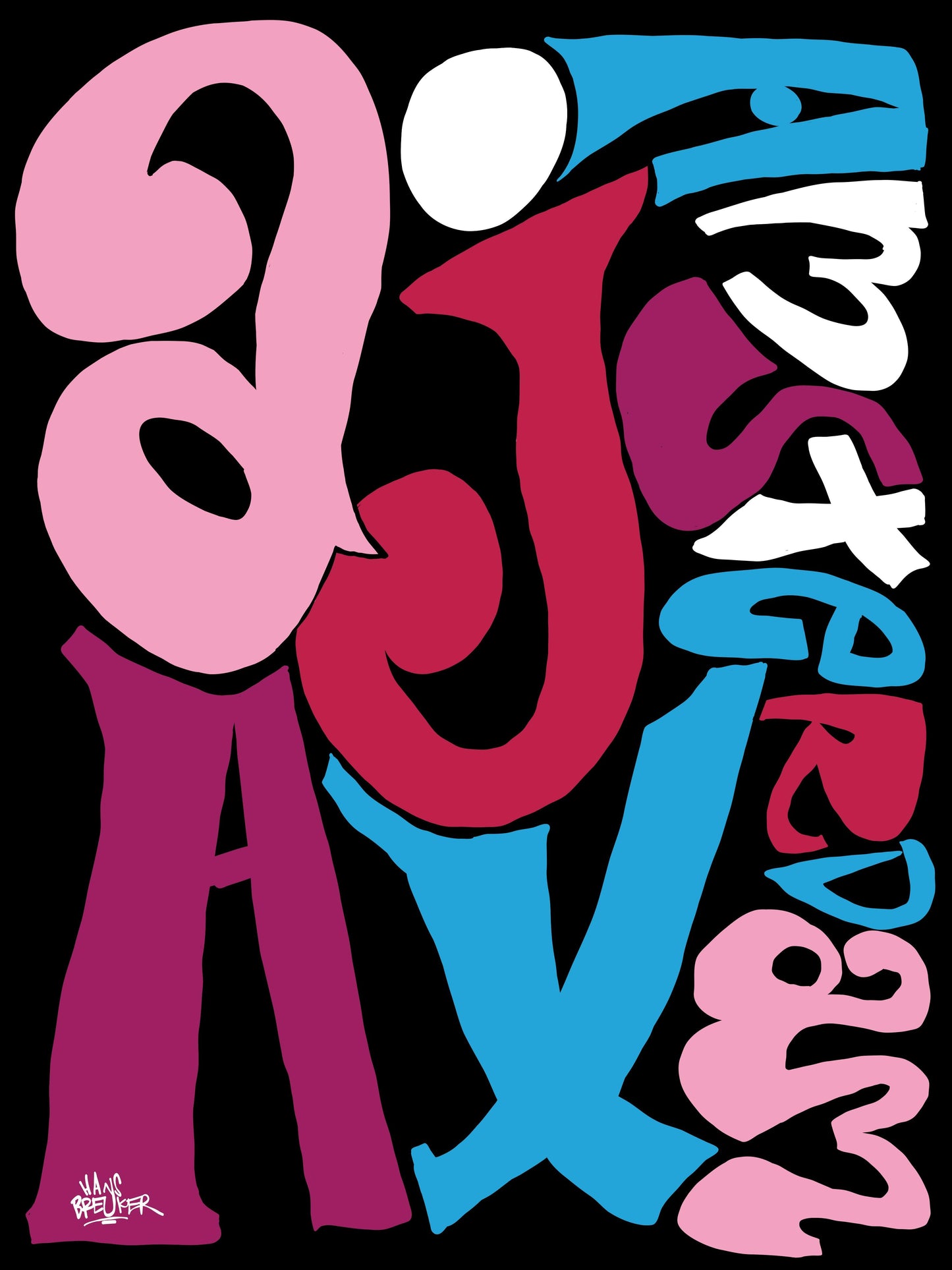 Ajax print; Ajax Amsterdam letterposter. Ajax fan art in sierletters van Piet Parra. - Hans Breuker