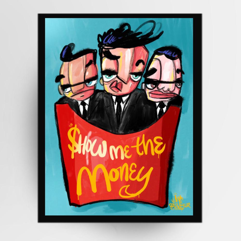 Show me the mmmmmoney! I’m lovin it. Knipoog naar het bekende McDonalds frietje. 3 bad boys in zwarte pakken - Hans Breuker