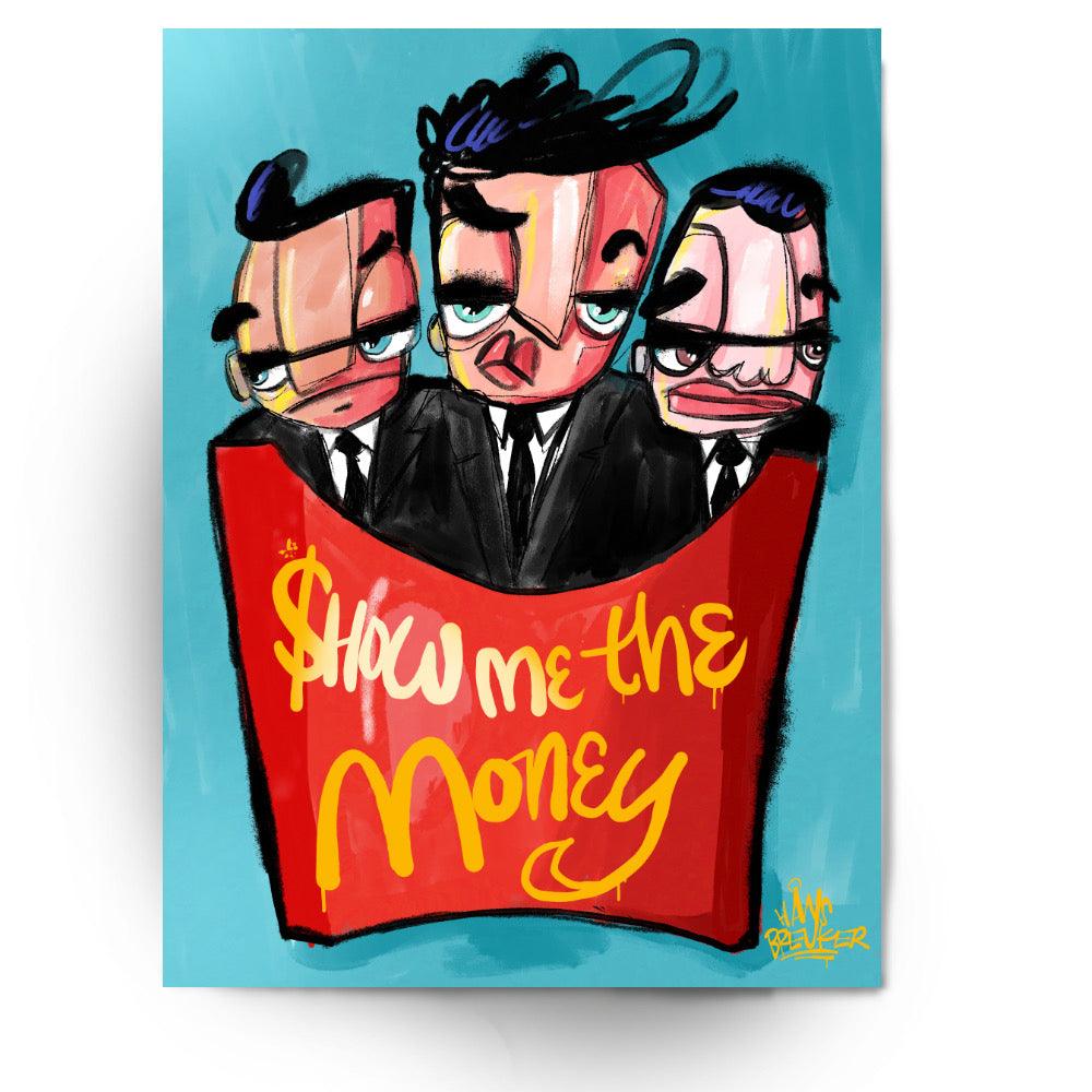 Show me the mmmmmoney! I’m lovin it. Knipoog naar het bekende McDonalds frietje. 3 bad boys in zwarte pakken - Hans Breuker