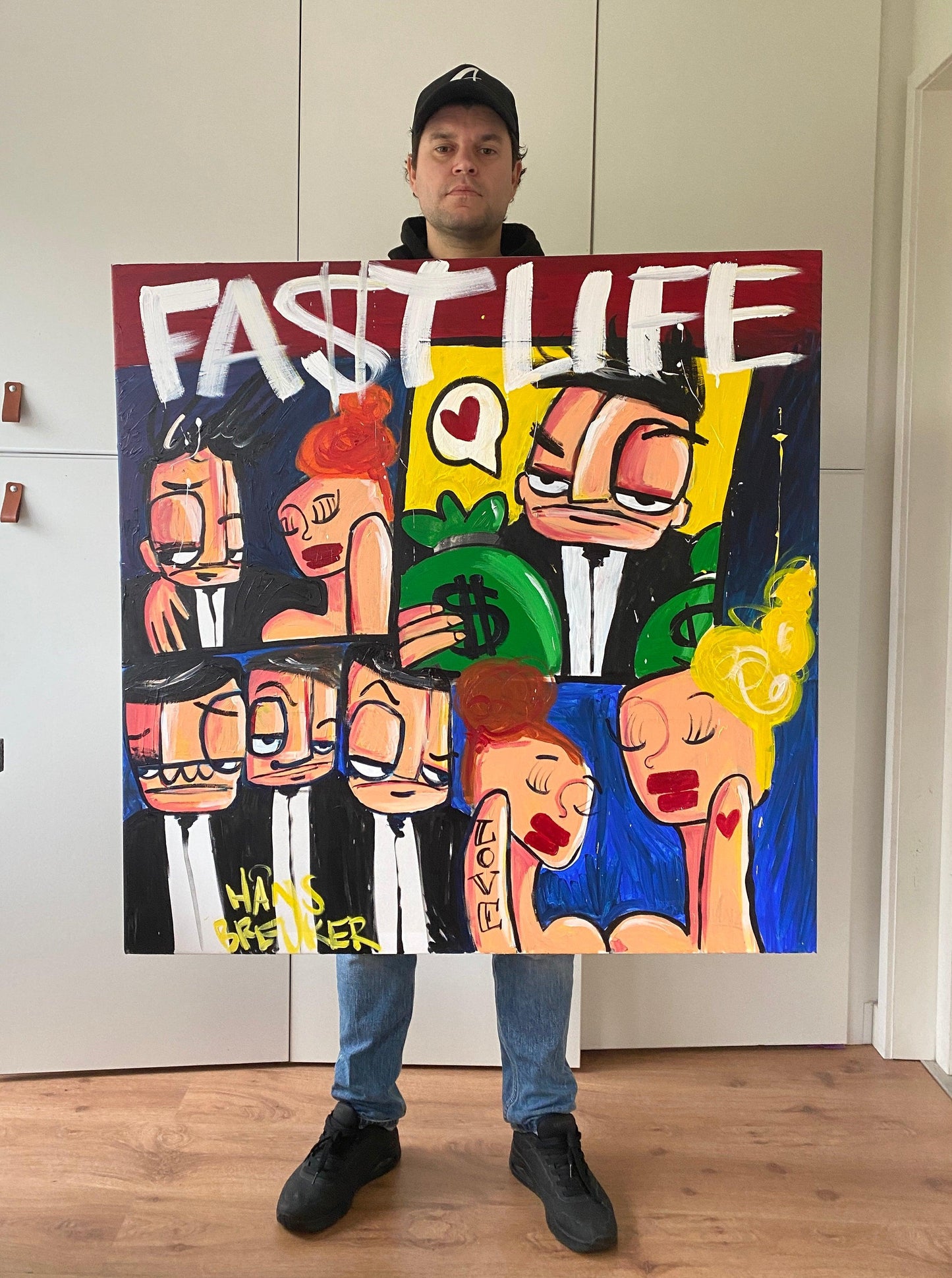 Fastlife 100 x 100 cm. Uniek schilderij. Love for life and the dollar - Hans Breuker