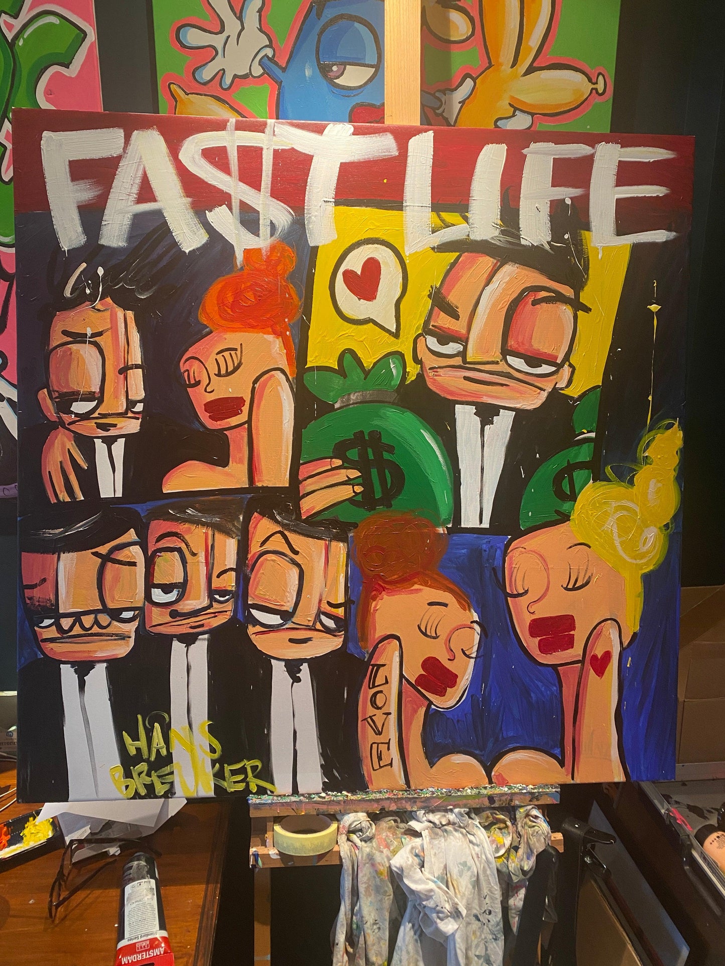 Fastlife 100 x 100 cm. Uniek schilderij. Love for life and the dollar - Hans Breuker