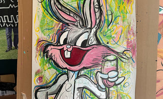 Het Feestelijke popart schilderij van Hans Breuker: Bugs Bunny Proost Met Champagne in Popart Stijl