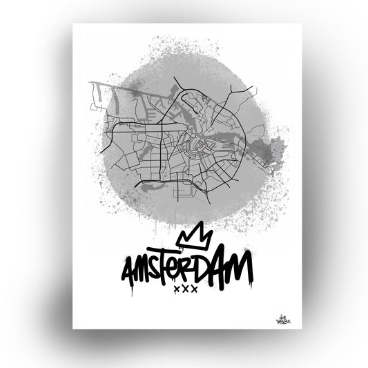 Stadsplattegrond Amsterdam streetart. Poster, lijst, canvas lijst, illustratie Hans Breuker