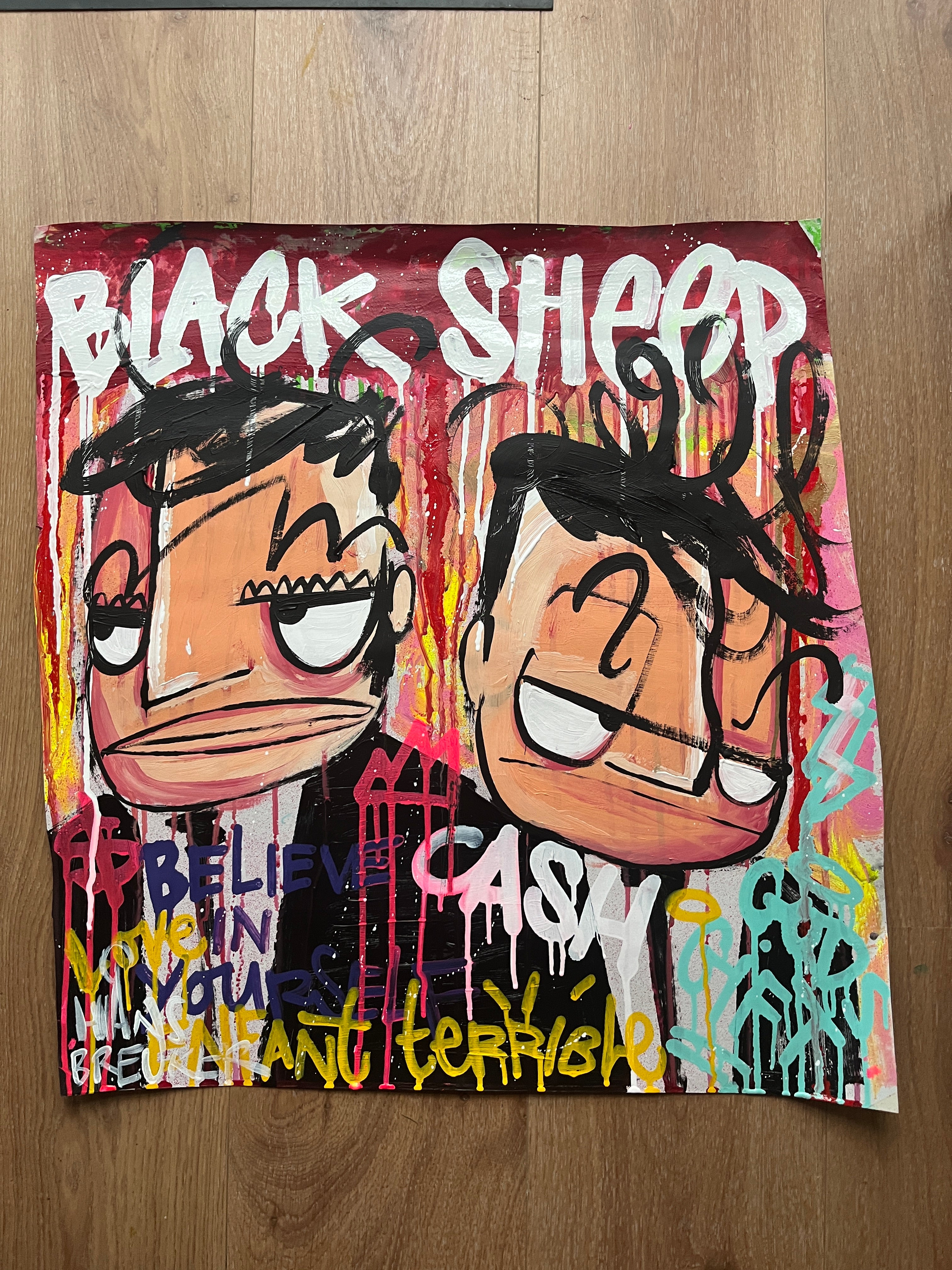 Black sheep 60 x 60 cm. Graffiti op papier