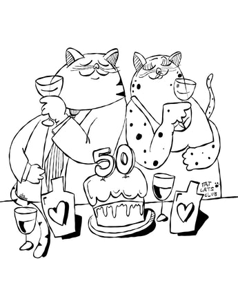 50 jaar jubileum huwelijkscadeau lijntekening katten met taart en wijn