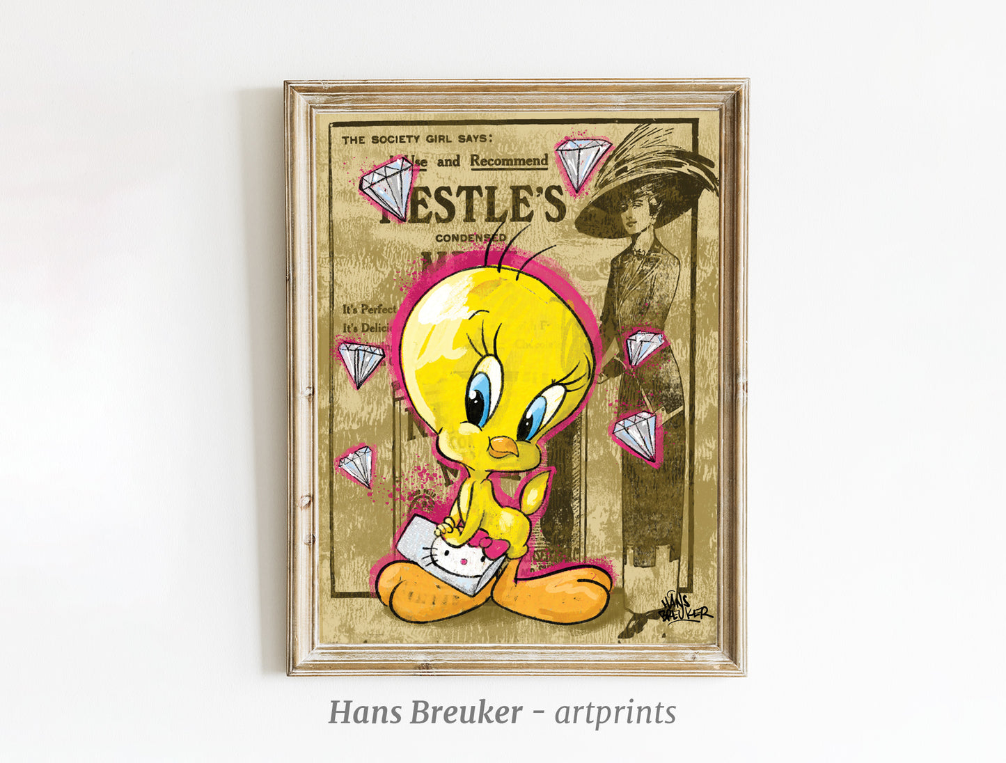 A birds best friend. Tweety art. Pop art. Cartoon. Poster print. Diamond. Tweety bird. Graffiti. Hans Breuker. looney tunes. old advertising