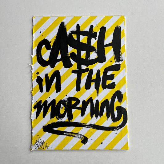 Cash in the morning op geel wit gestreept hard karton