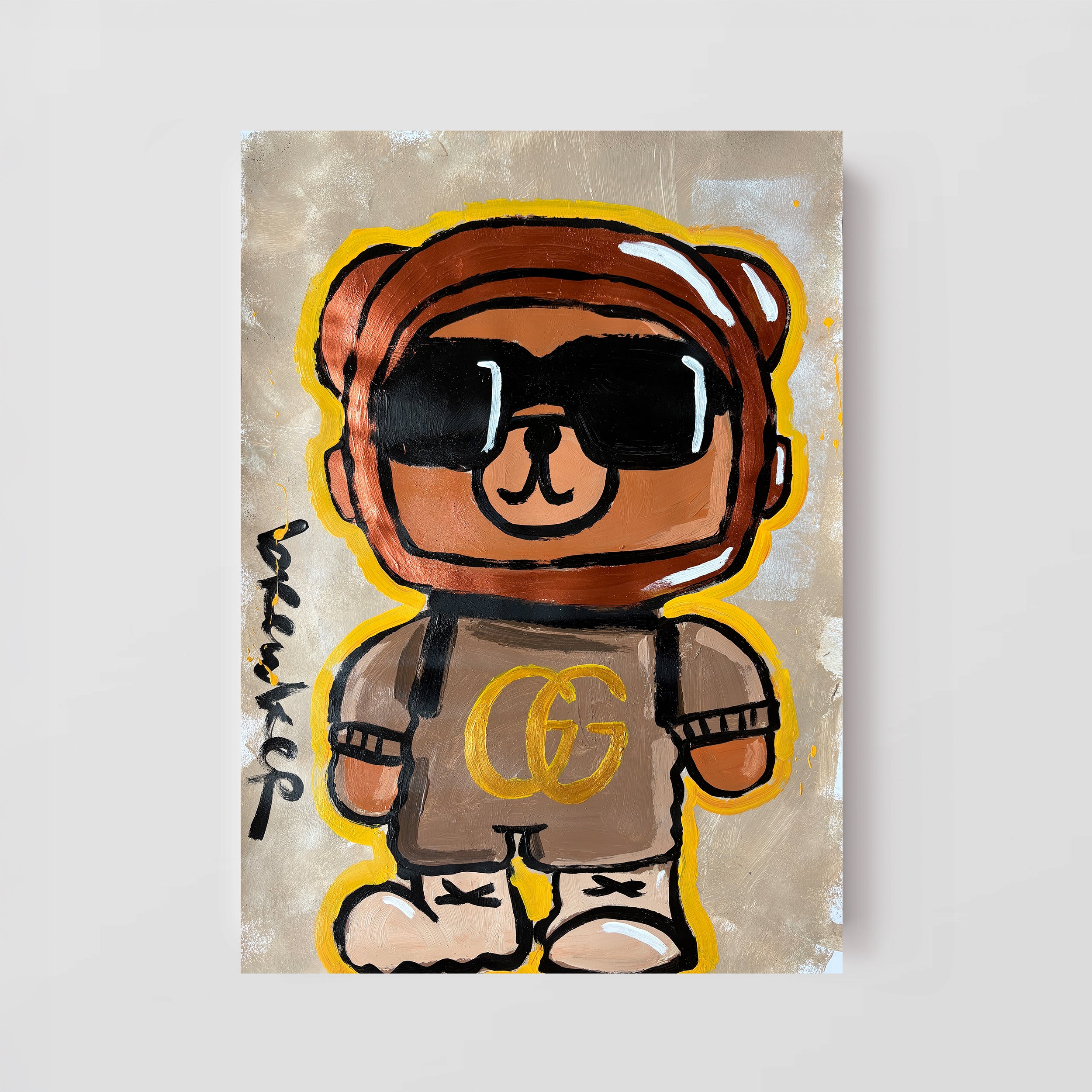 Astro bear Gucci gold. Acrylic on paper 50 x 70 cm.