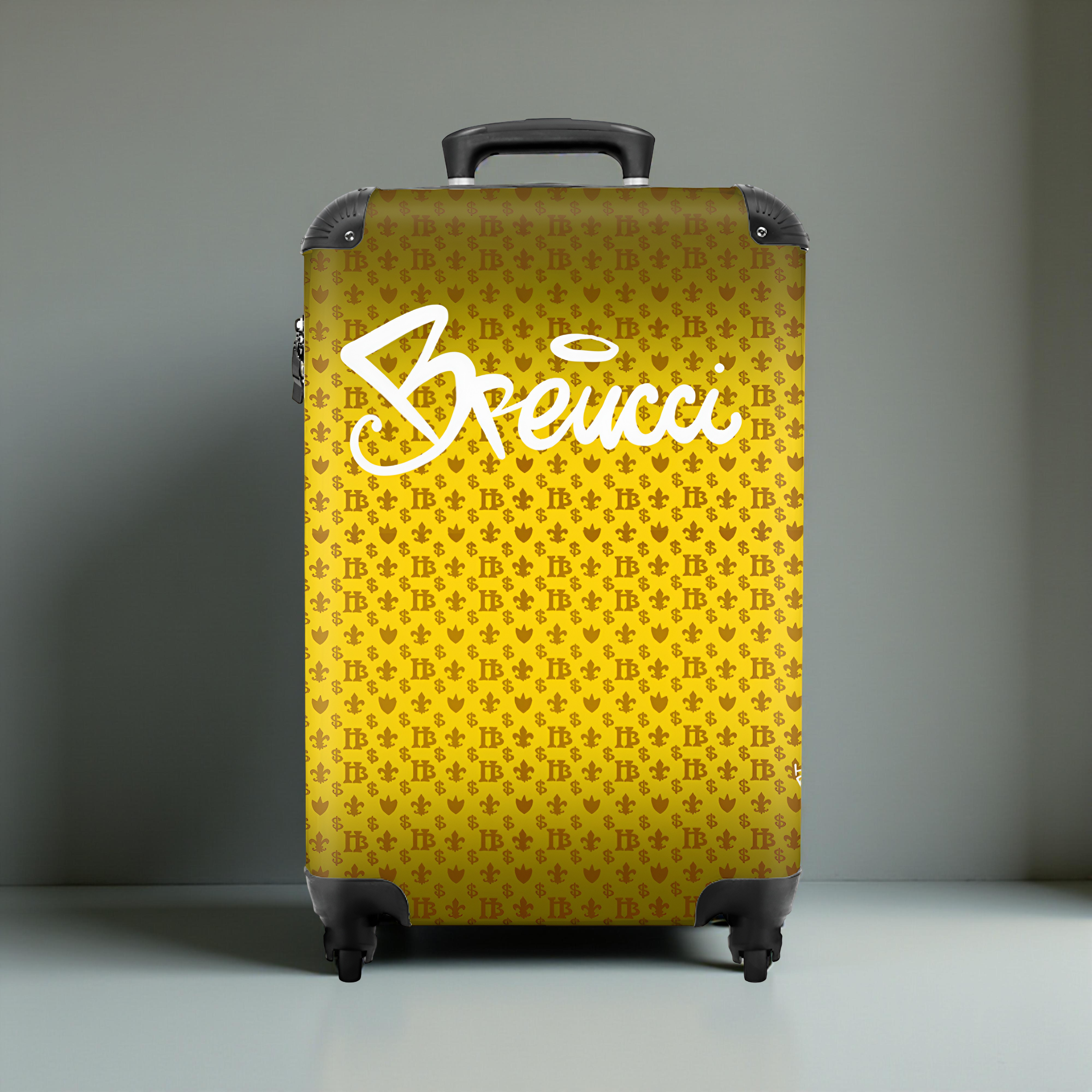 <tc>Brown yello panther Brucci motif suitcase hans breuker

</tc>