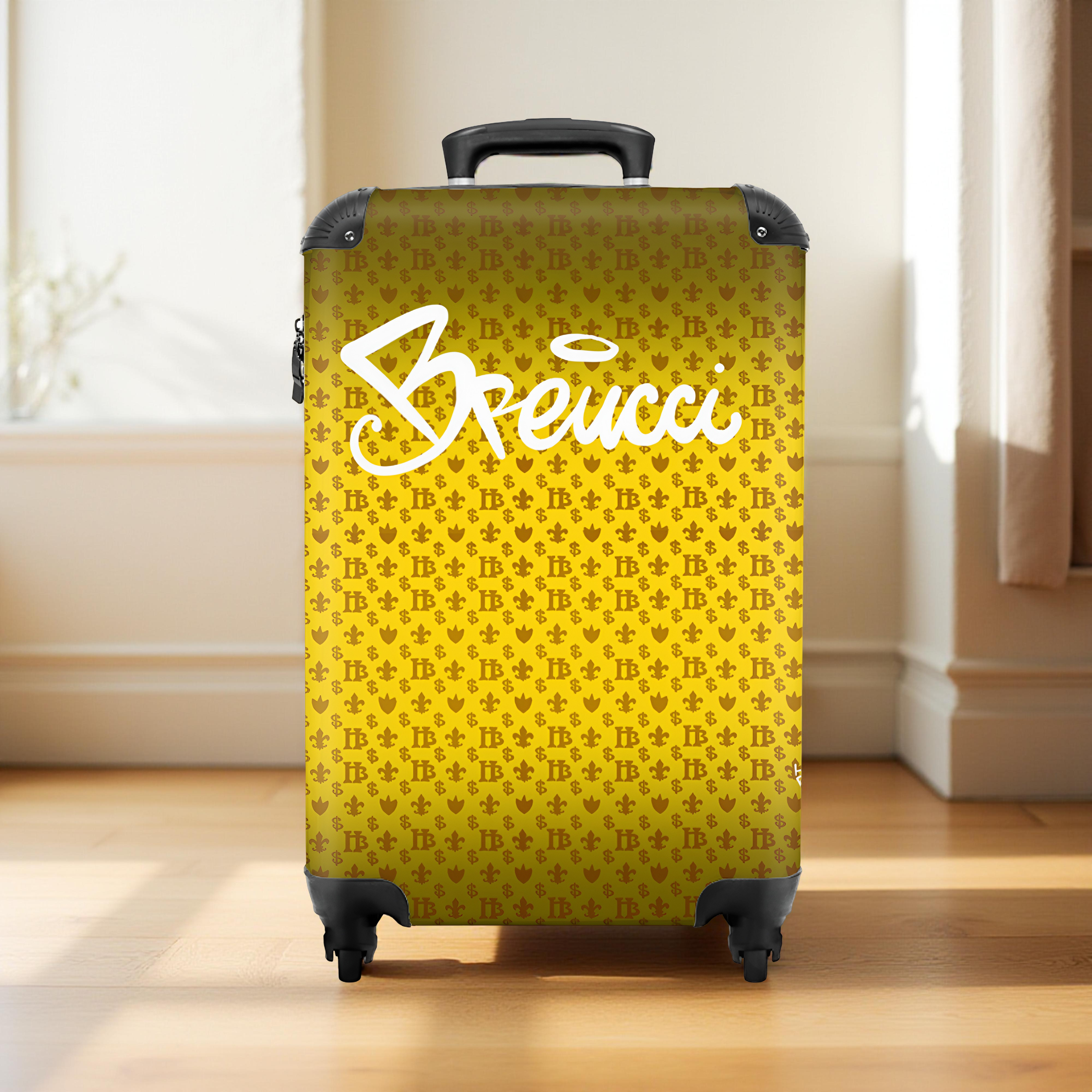 <tc>Brown yello panther Brucci motif suitcase hans breuker

</tc>