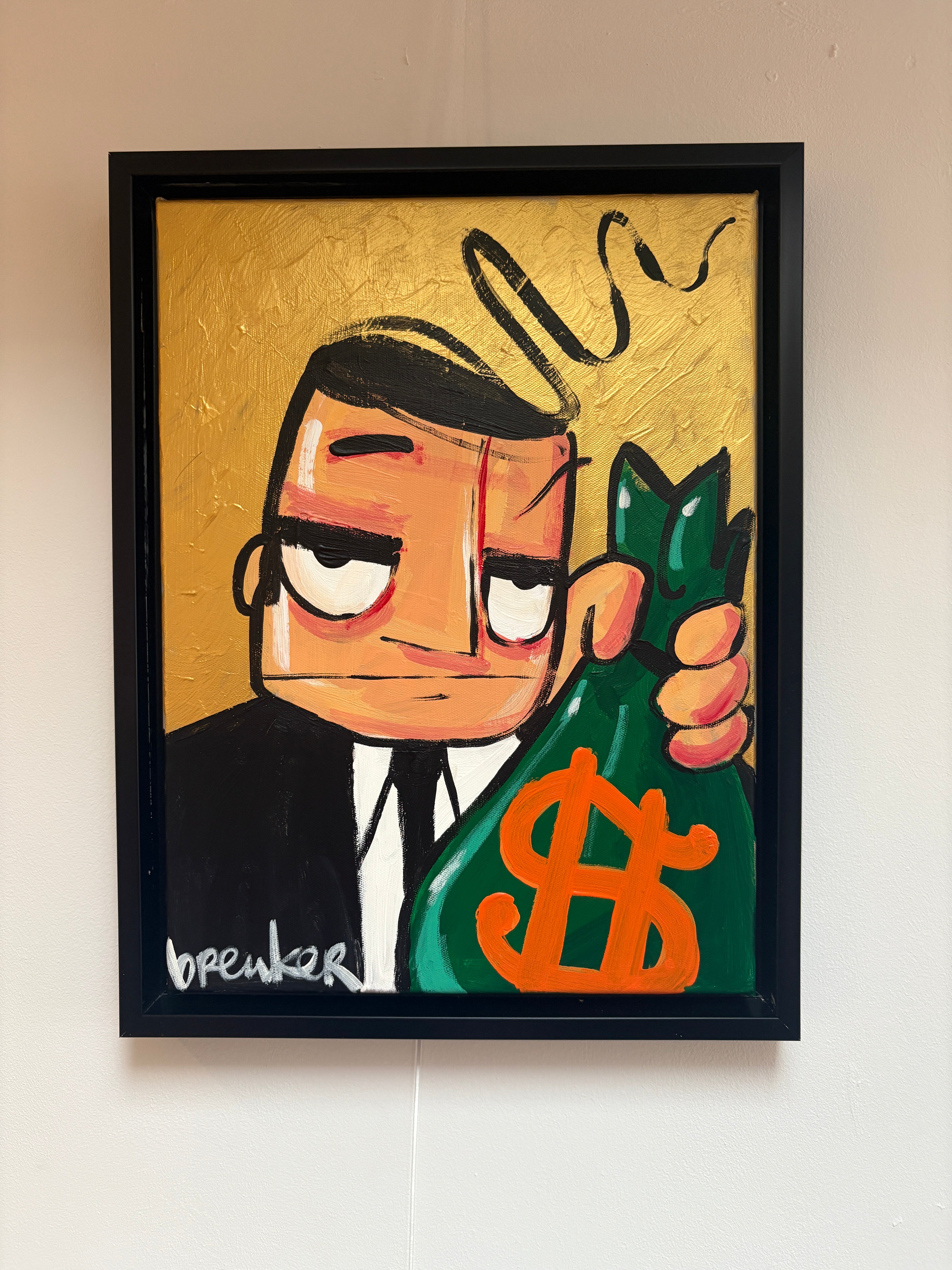 Golden cashbag 30 x 40 cm acryl op doek ingelijst.