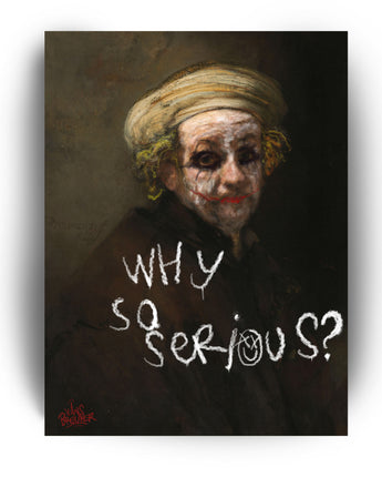 Why so serious Rembrandt is een opvallend popart kunstwerk van Hans Breuker, waarin hij het zelfportret van Rembrandt omvormt tot de Joker van Batman, bekend van Heath Ledger's legendarische vertolking. Breuker vermengt me
