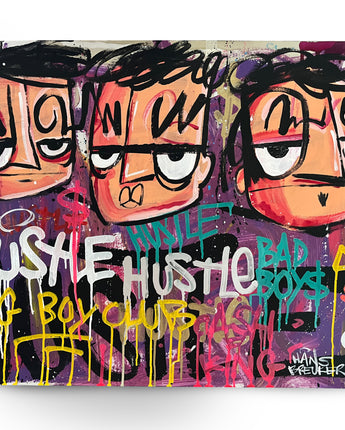 Hustle schilderij. Graffiti op papier 80 x 60 cm.