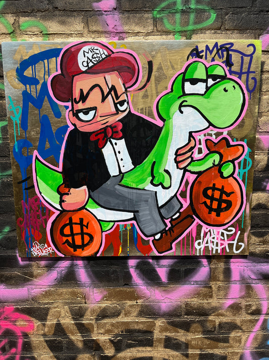 YO$HI BAGS, Mr. CA$H. 70 x 80 cm houten plaat