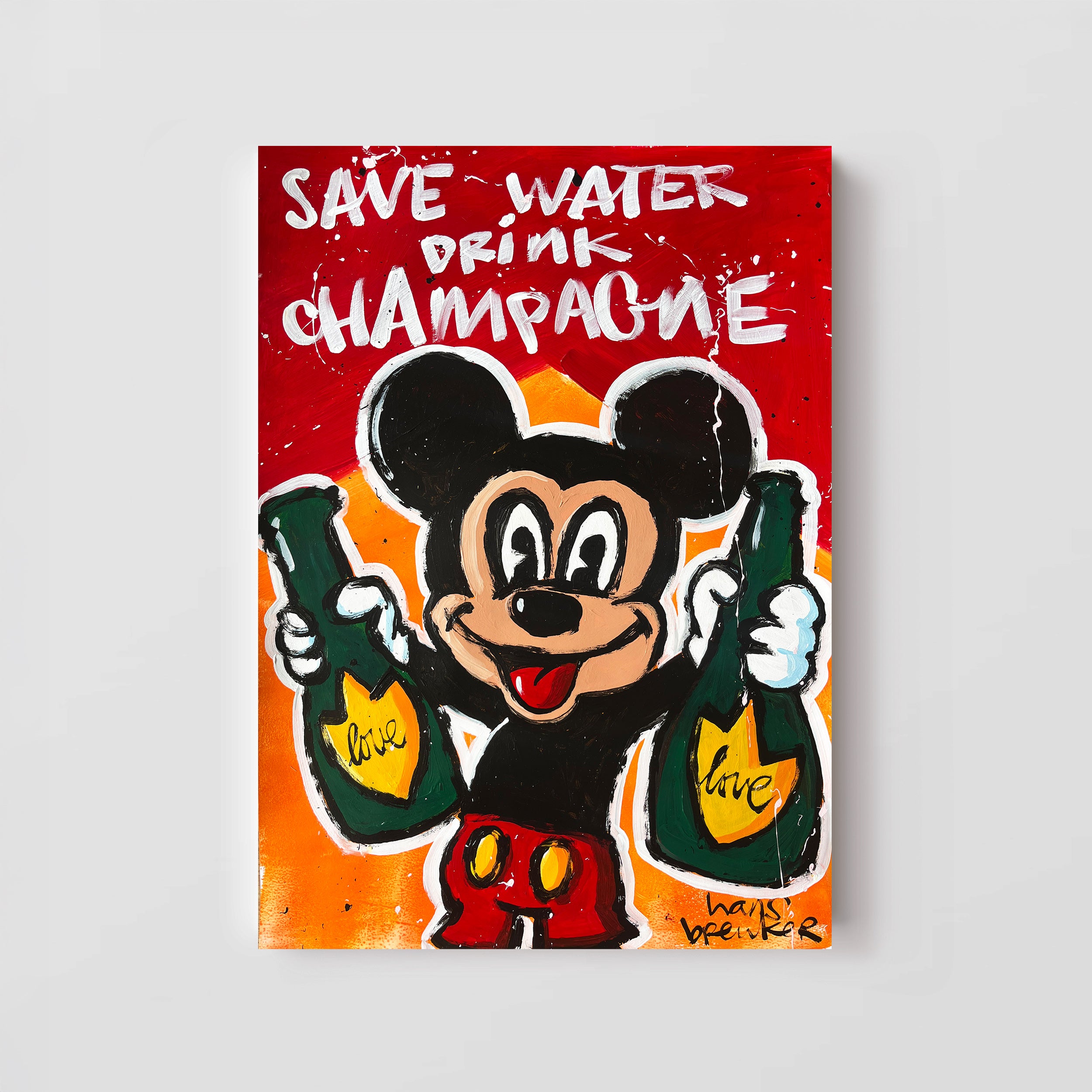 Mickey Mouse, save water drink champagne. Acrylic on paper 50 x 70 cm