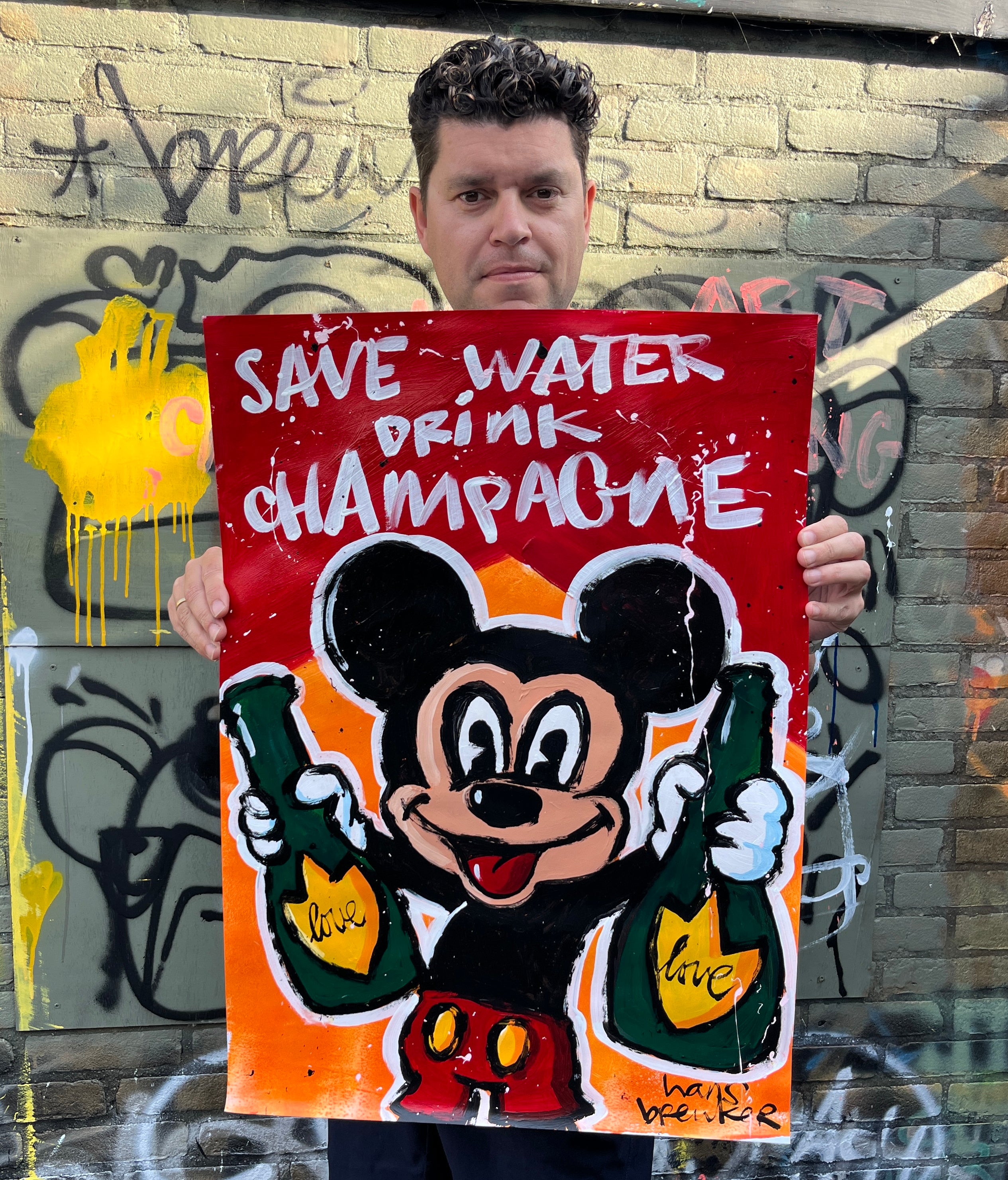 Mickey Mouse, save water drink champagne. Acrylic on paper 50 x 70 cm
