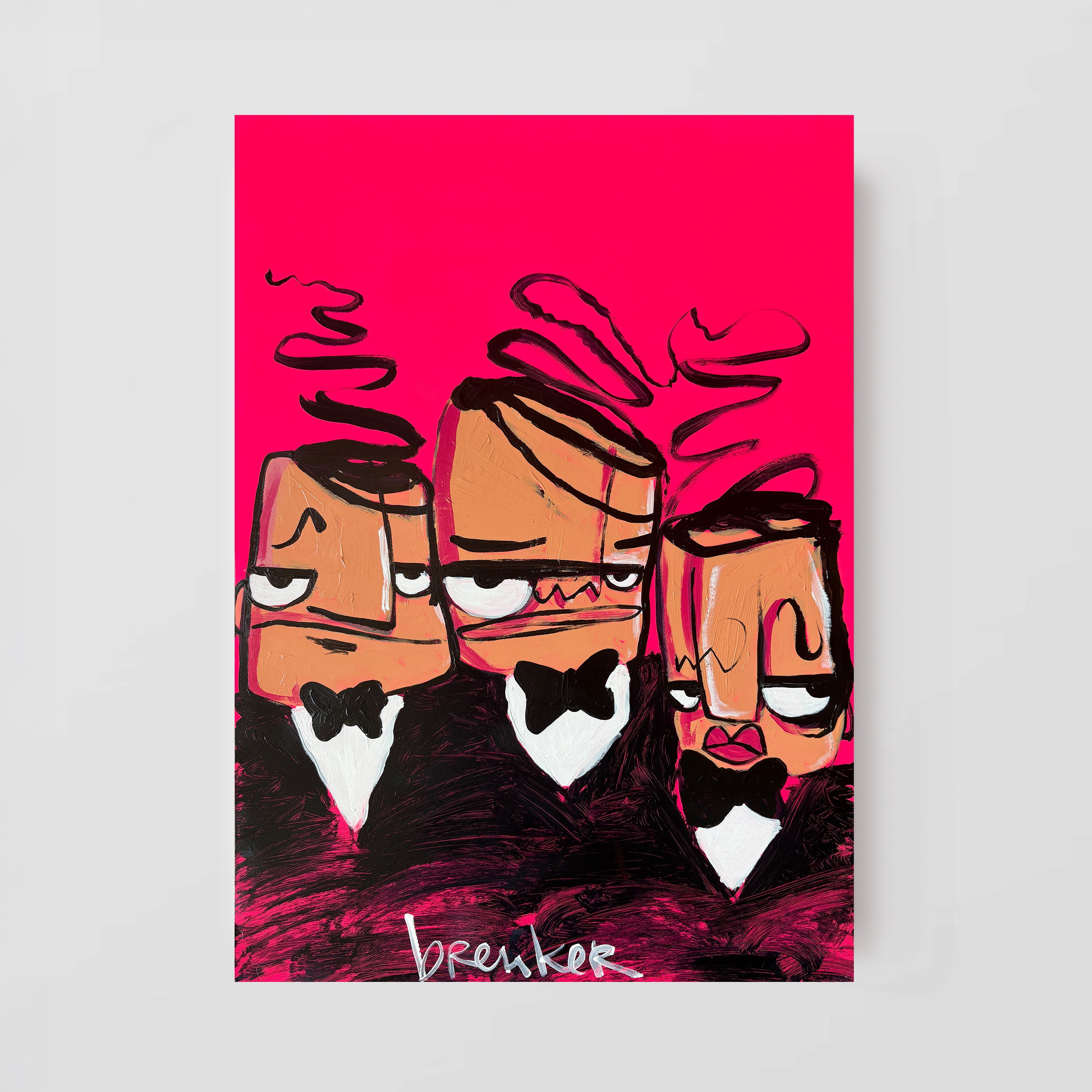 Suit and tie bad boys on pink. Acrylic on paper 50 x 70 cm.