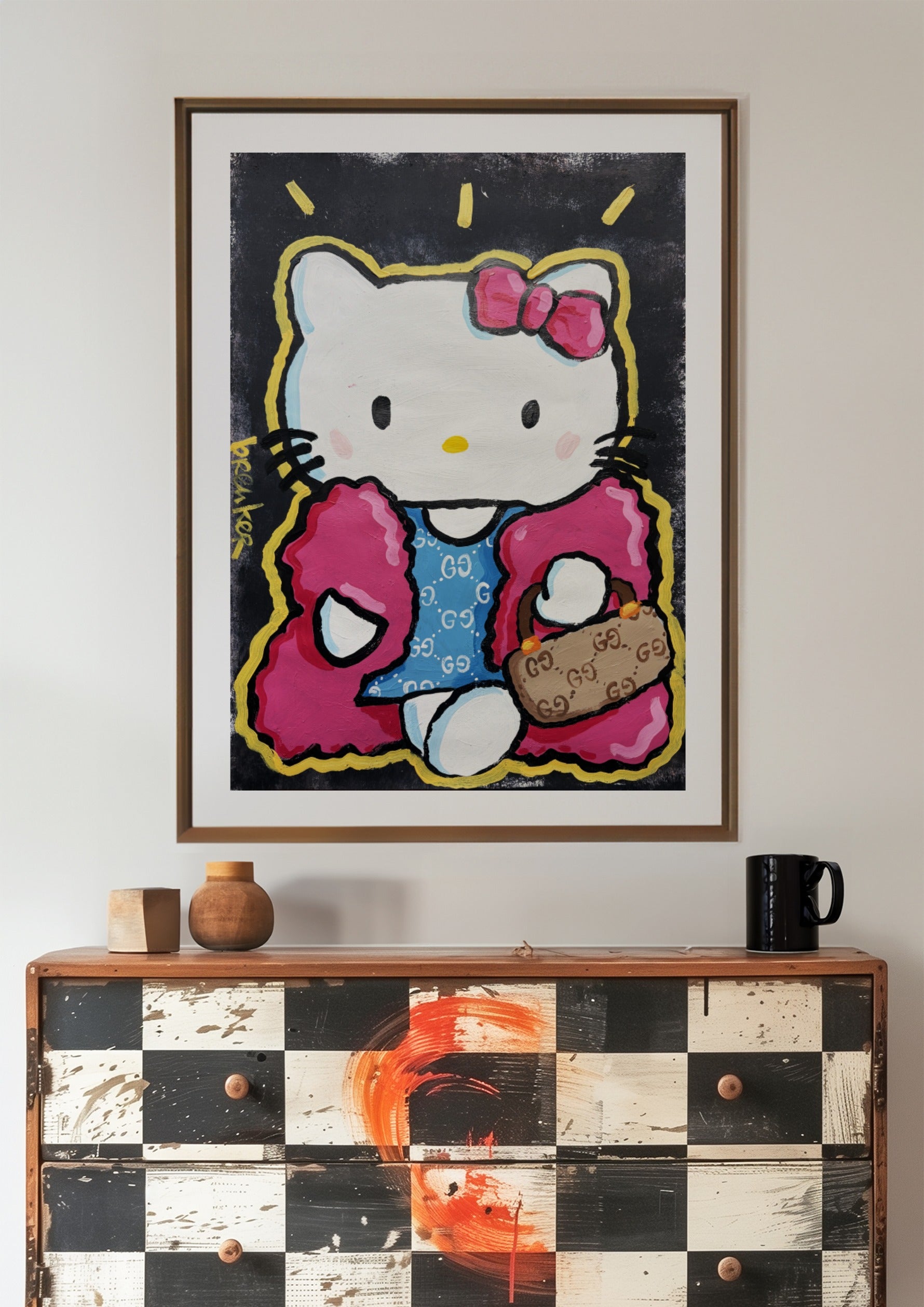 Hello Kitty pop art Gucci Bag Diva. Paint on paper 50 x 70 cm.