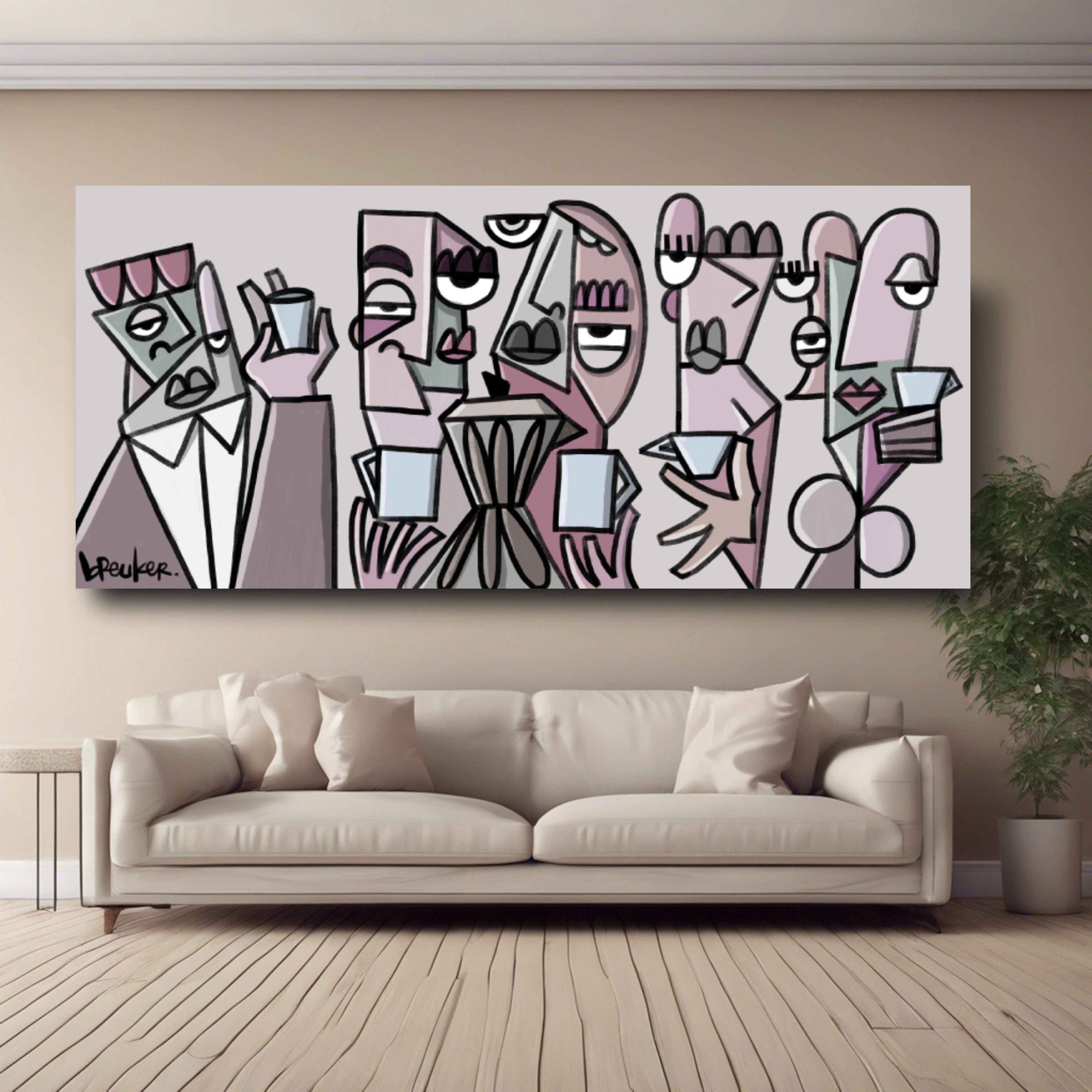 modern cubist coffee culture wall art pink blue geometric faces