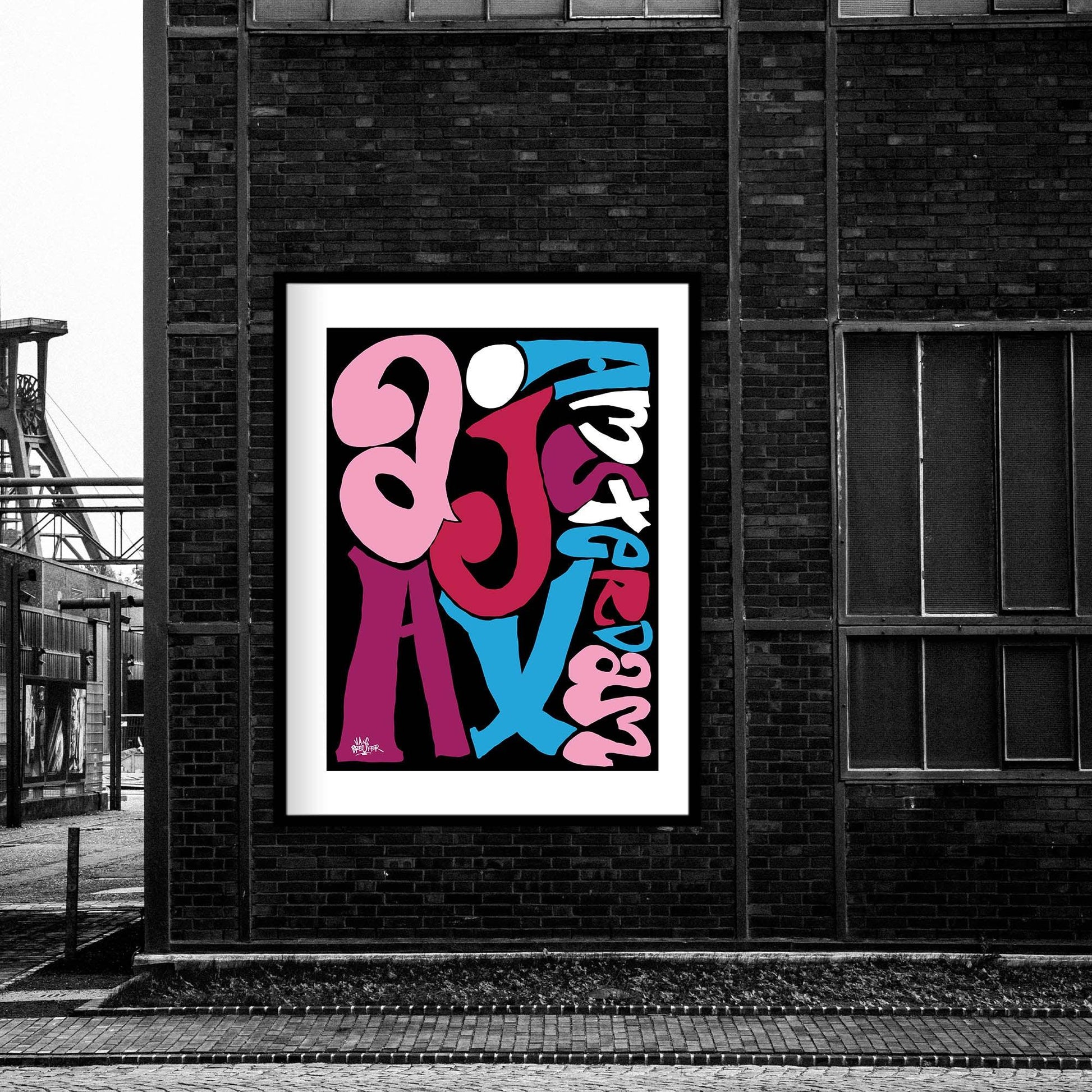 Ajax print; Ajax Amsterdam letterposter. Ajax fan art in sierletters van Piet Parra. - Hans Breuker
