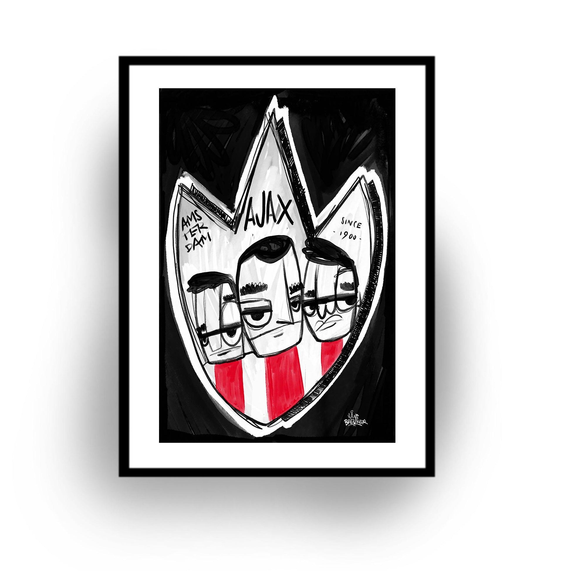 Ajax Amsterdam kunst, schild met drie Ajax Fans - Hans Breuker