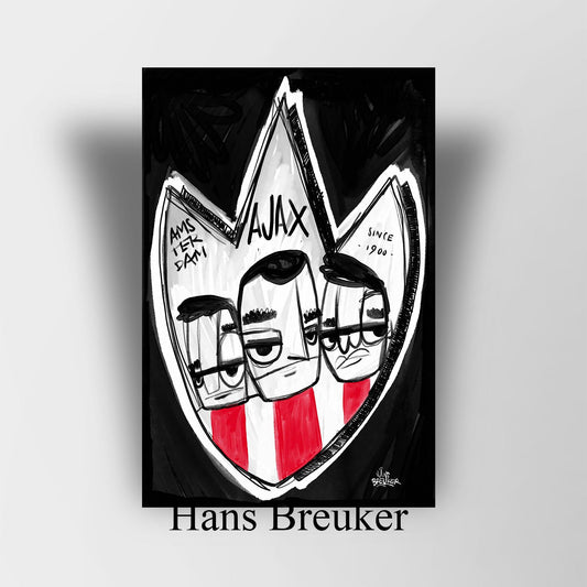 Ajax Amsterdam kunst, schild met drie Ajax Fans - Hans Breuker