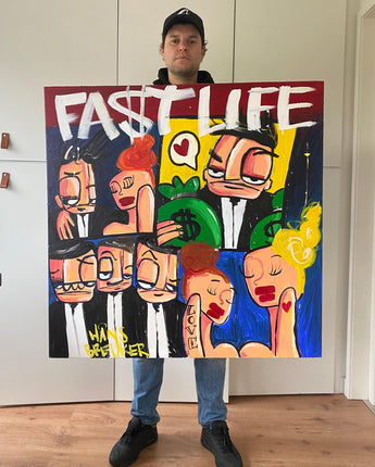 Fastlife 100 x 100 cm. Uniek schilderij. Love for life and the dollar - Hans Breuker