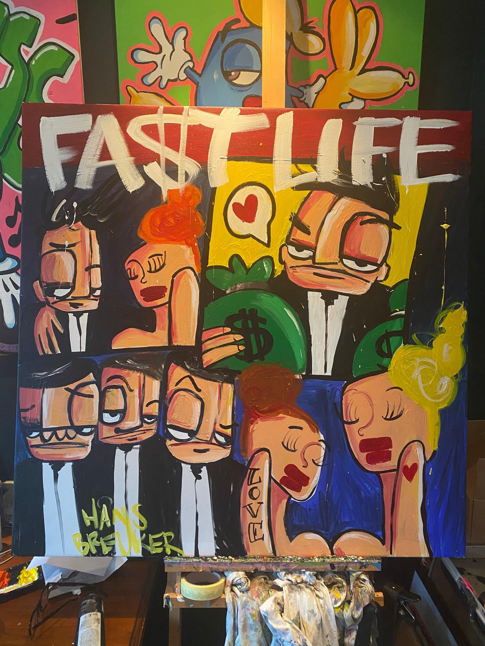 Fastlife 100 x 100 cm. Uniek schilderij. Love for life and the dollar - Hans Breuker
